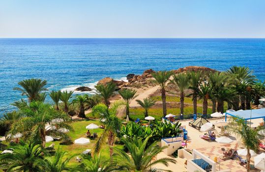 View of the Mediterranean resort. Cyprus. Sea shore overlooking the hotels.