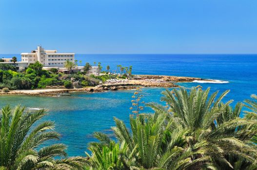 View of the Mediterranean resort. Cyprus. Sea shore overlooking the hotels.