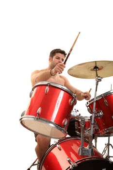 young male drummer isolated on a white background