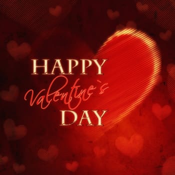 text happy valentines day in heart, abstract red background, retro card with striped hearts