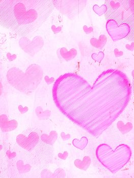 pink retro background with violet striped hearts, old paper card, vertical