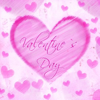 pink retro background, violet striped hearts with text valentines day, old paper card