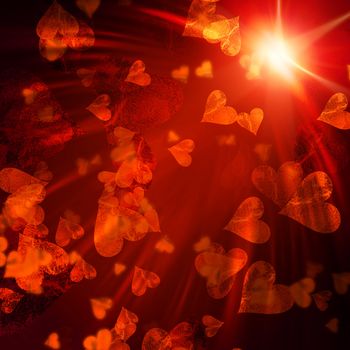 abstract red orange hearts with shining rays lights over dark background