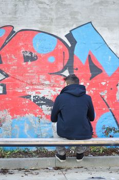 Young man seen from the back looking at a graffiti covered wall