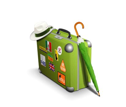 Suitcase with travel stickers,hat and umbrella