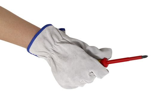 hand gloved with a light grey working glove holding a screwdriver.Studio shot in white back