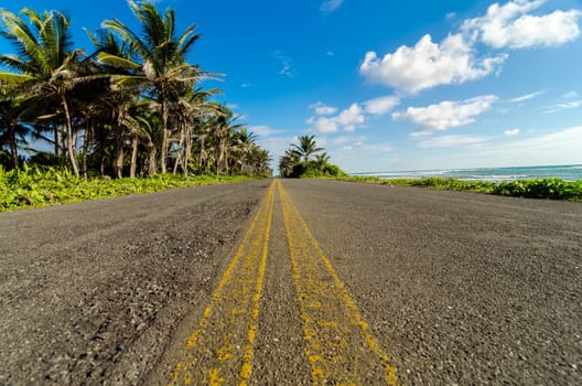 View of caribbean coastal road in San Andres, Colombia at a low angle