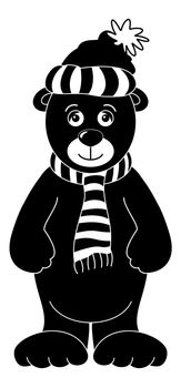 Teddy bear in cap and scarf, black silhouette contours on white background.
