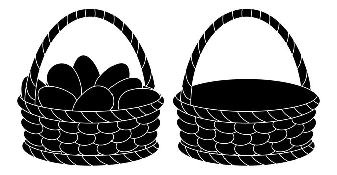 Wattled Easter baskets, empty and with chicken eggs, black silhouettes on white background.