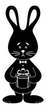 Holiday cartoon, toy rabbit with a gift box, black silhouette on white background.