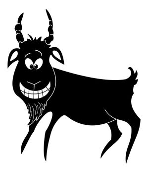Cheerful cartoon smiling goat, black silhouette on white background.