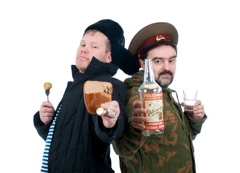 Russian soldier drinking vodka .isolated on white background