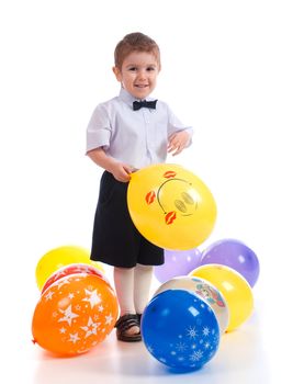 small boy with colorful  air balloon.isolated on white background