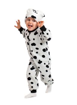 Little boy   dressed in a Dalmatian  suit.Plum Pudding Dog