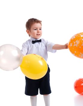 small boy with colorful  air balloon.isolated on white background