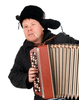Russian man with accordion,red-neck.isolated on white background 