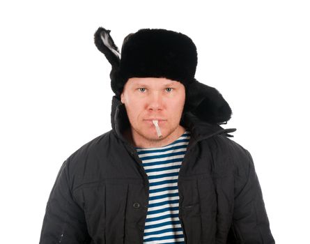 Russian man in winter fur cap  ,red-neck.isolated on white background