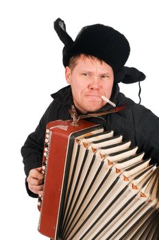 Russian man with accordion,red-neck.isolated on white background 