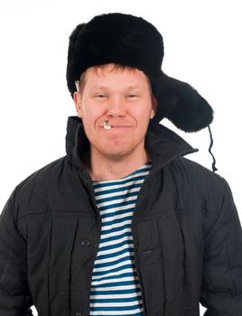 Russian man in winter fur cap  ,red-neck.isolated on white background