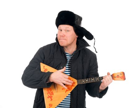 Russian man with balalaika,red-neck.isolated on white background 