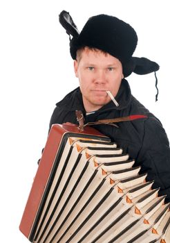 Russian man with accordion,red-neck.isolated on white background 