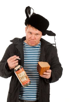Russian Man in Fur Cap and Jacket with Vodka .isolated on white background