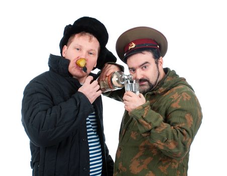 Russian soldier drinking vodka .isolated on white background