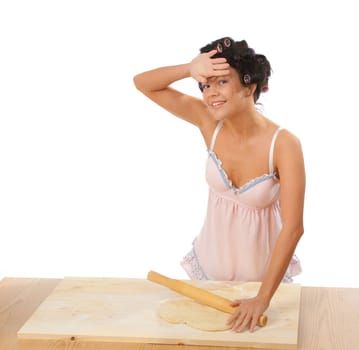  housewife mix dough on the wooden board Studio, white background. 