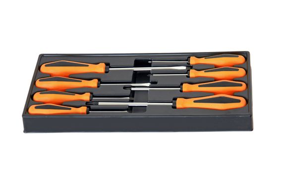 An orange and black eight-piece screw driver toolkit