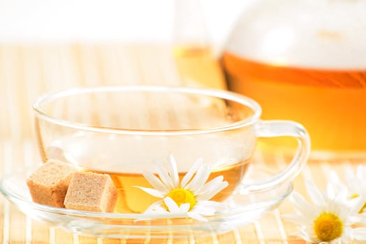 A teacup and a teapot with herbal chamomile tea