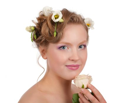 Portrait of beautiful girl  blonde with flowers in her hair .isolated on white background.