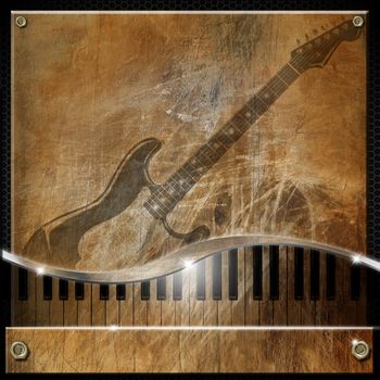 Grunge and brown musical background with piano and electric guitar
