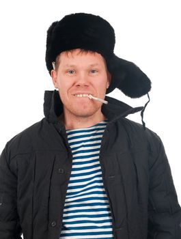 Russian man in winter fur cap  ,redneck.isolated on white background