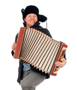 Russian man with accordion,redneck.isolated on white background 