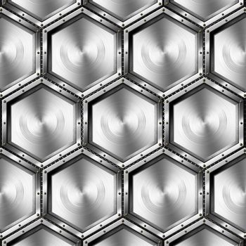 Gray background with metallic hexagons with screws on a black background