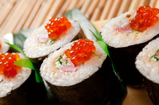 Japanese sushi  traditional japanese food.Roll made of Smoked fish and red roe