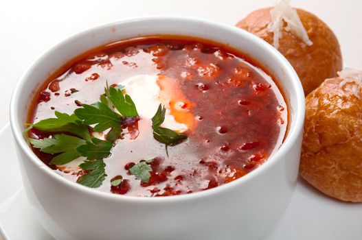 borsch .Ukrainian and russian national red soup closeup