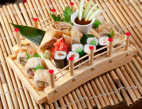Assorted sushi Japanese food. traditional japanese food.Roll made of Smoked fish