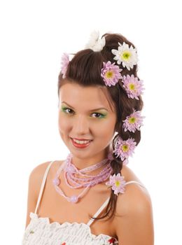 Sexy fashion portrait with flowers isolated on white background.