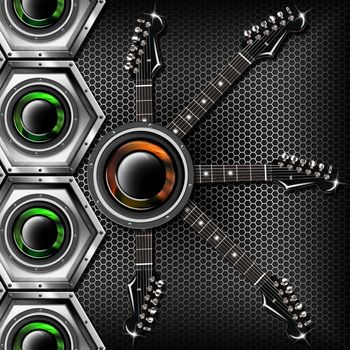 Music black background with metal hexagons, electric guitars and woofers