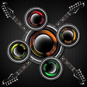 Music black background with hexagons, electric guitars and woofers