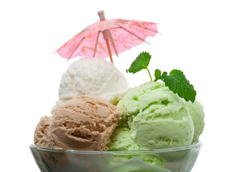 ice cream in a glass vase. closeup.isolated on white background.