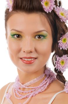 Sexy fashion portrait with flowers isolated on white background.