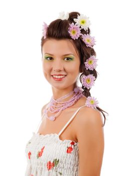 Sexy fashion portrait with flowers isolated on white background.