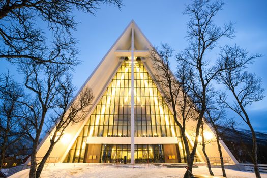 Arctic Cathedral Church in Tromso Norway at dusk twilight