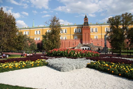 Summer view of the Alexander Garden and Tower of Moscow Kremlin, Russia