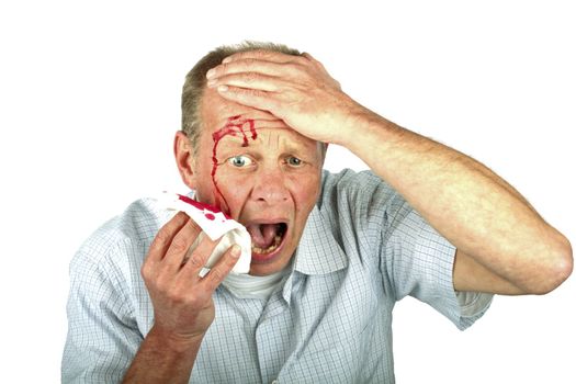 Wounded man with face full of blood