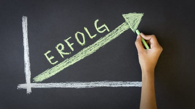 Person drawing a Success Business Graph with chalk on a blackboard.