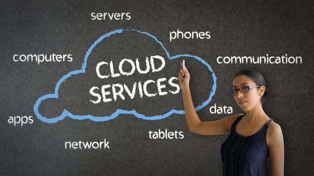 Woman pointing at an Cloud Services llustration.