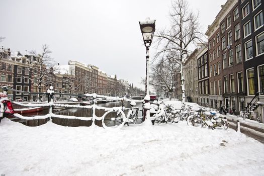 Snowy Amsterdam in the Netherlands